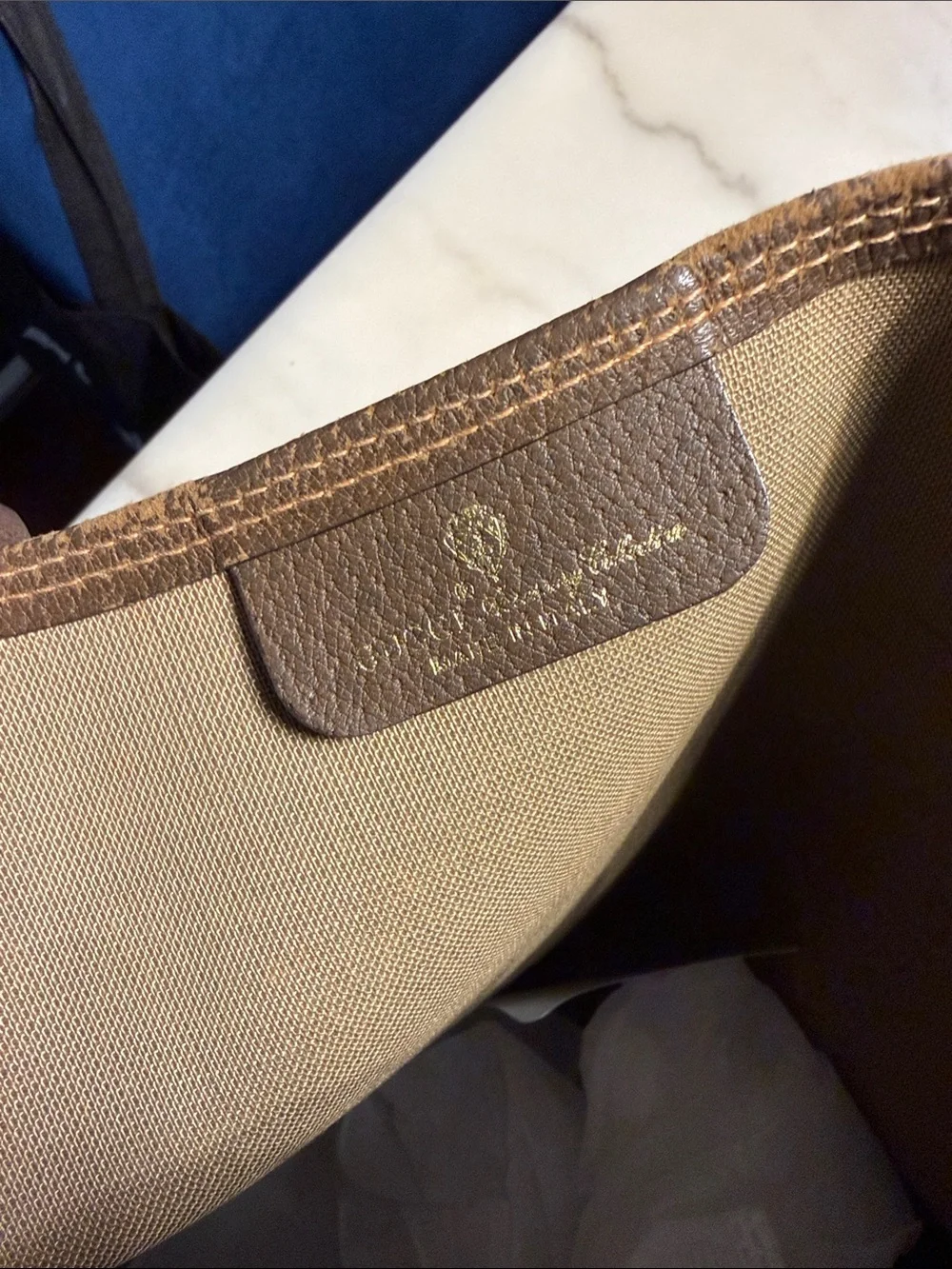 PRE-OWNED Gucci Beige Brown GG Supreme Messenger Tote with Green-Red Web Straps